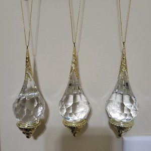 3 Clear Acrylic Faceted Teardrop Ornaments w/ Gold Color Filigree Caps & Base